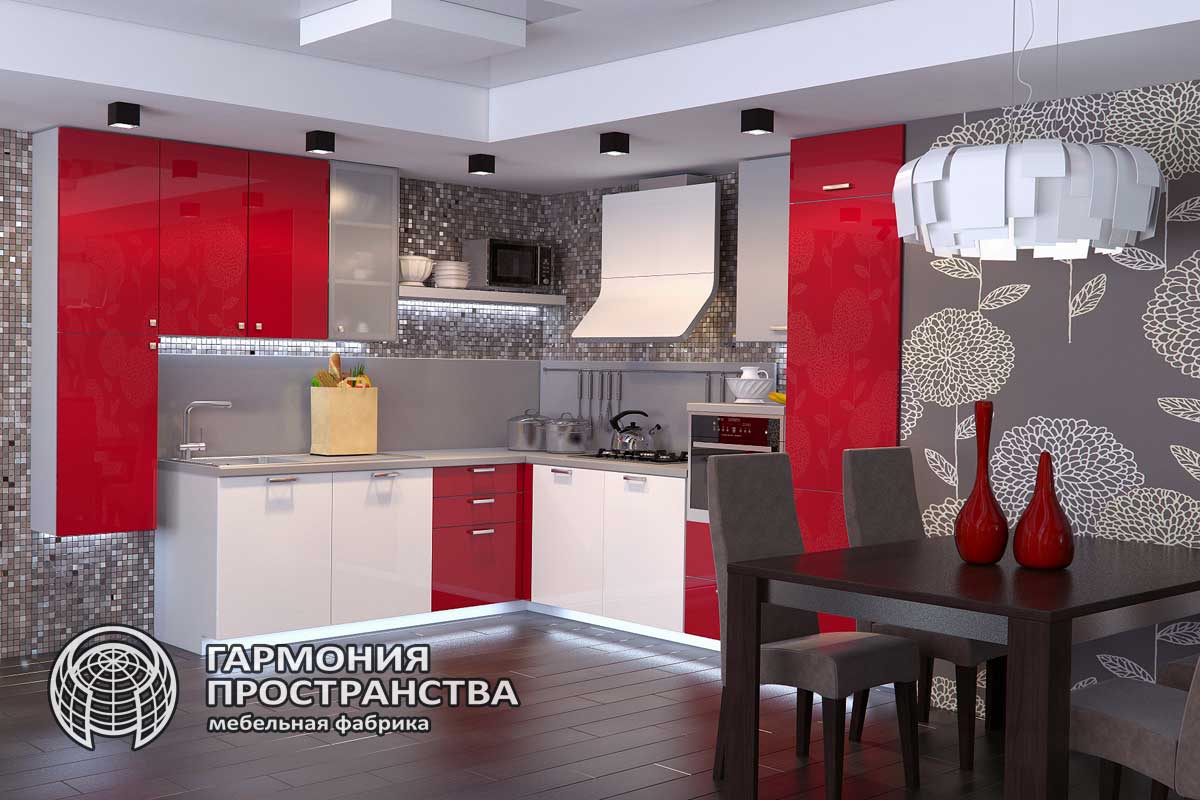 красная угловая кухня в стиле Модерн